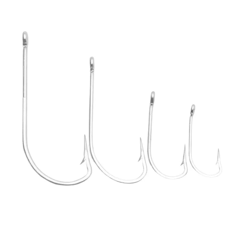 Assortment of multi-specification stainless steel alloy fishhooks for sea fishing.