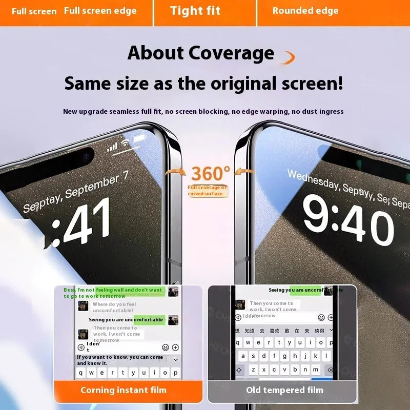 Tempered glass screen protector for iPhone with anti-peep privacy feature, ultra clear option, and dust-free bin