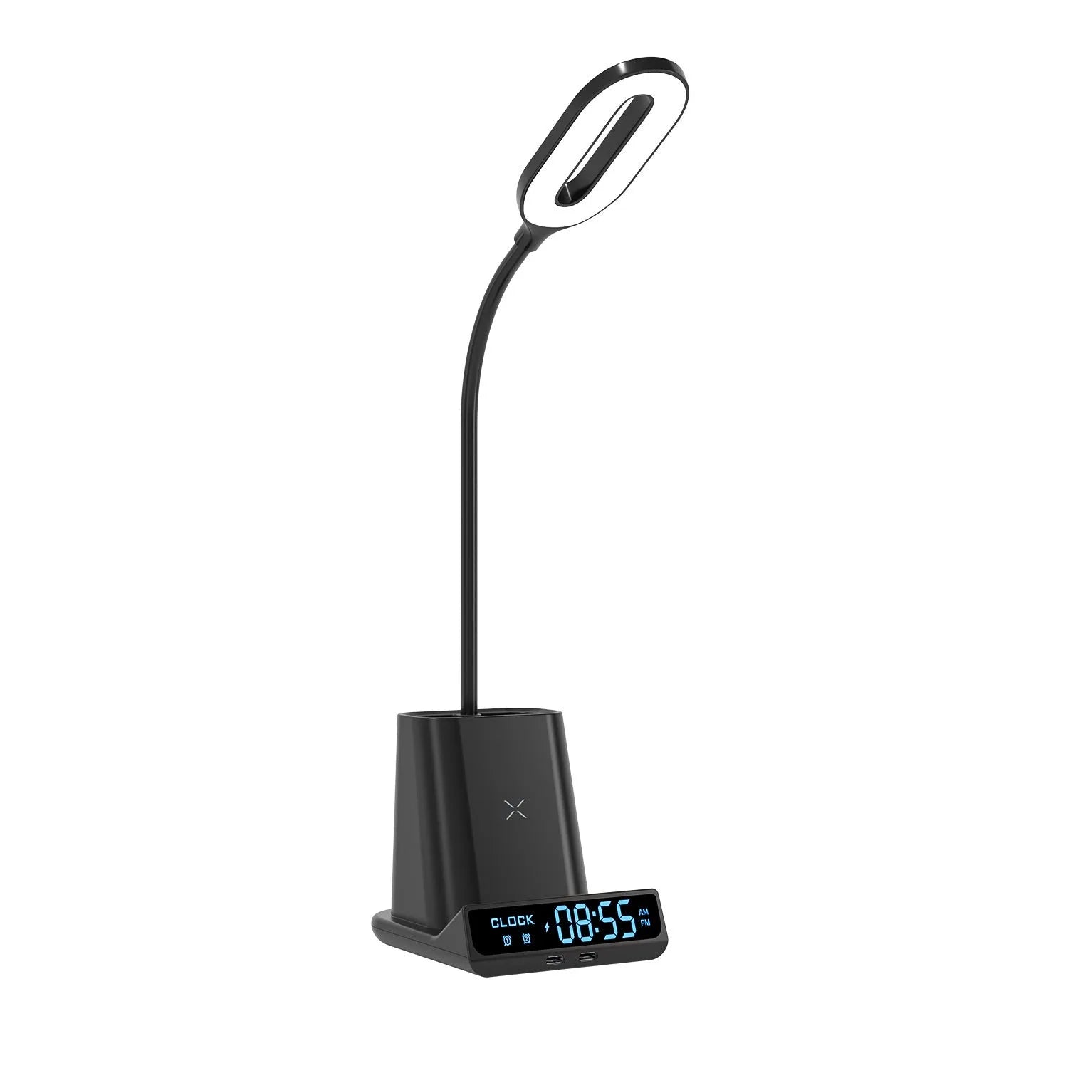 Modern black desk lamp with wireless charging top and built-in pen holder storage compartment.