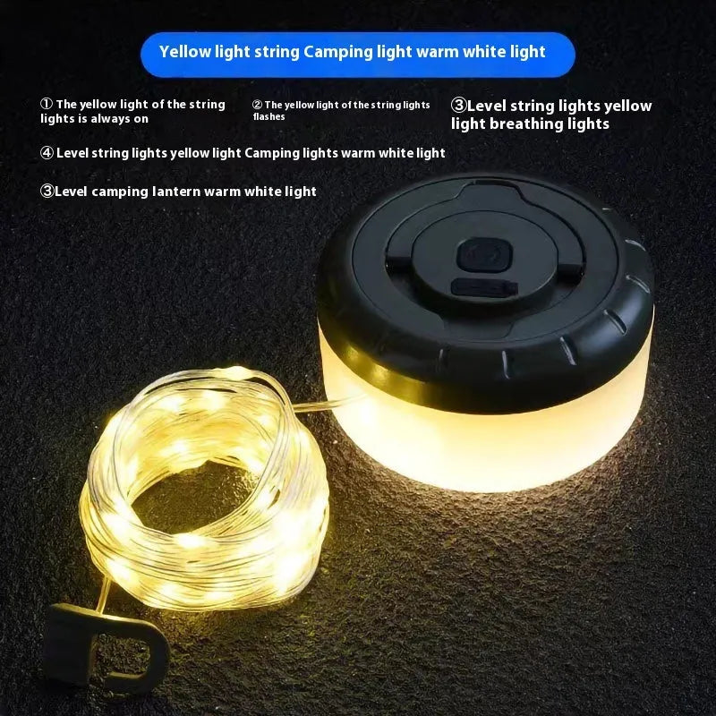 Rechargeable outdoor LED string lights with 30 beads in warm white or colourful light.