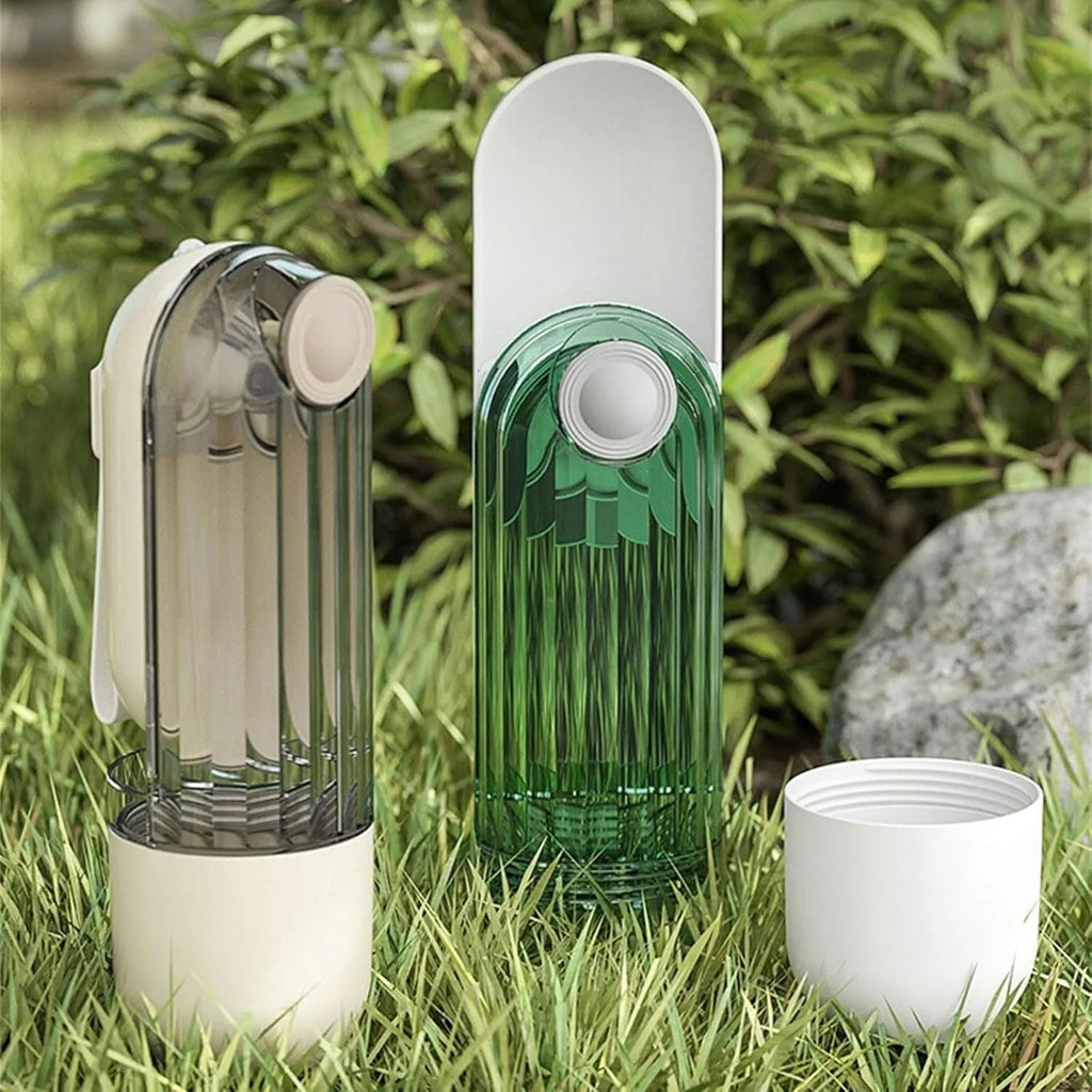 Beige and green foldable dog water bottle with food container, showing dimensions.