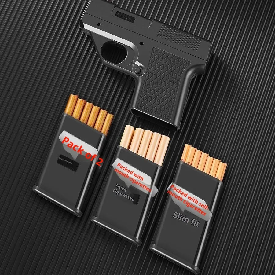 Gun-type windproof gas lighter with cigarette case, plastic body, black colour