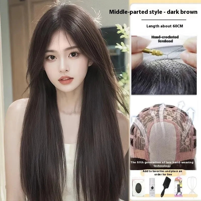 Black long straight full-head synthetic wig with lace front and side bangs.