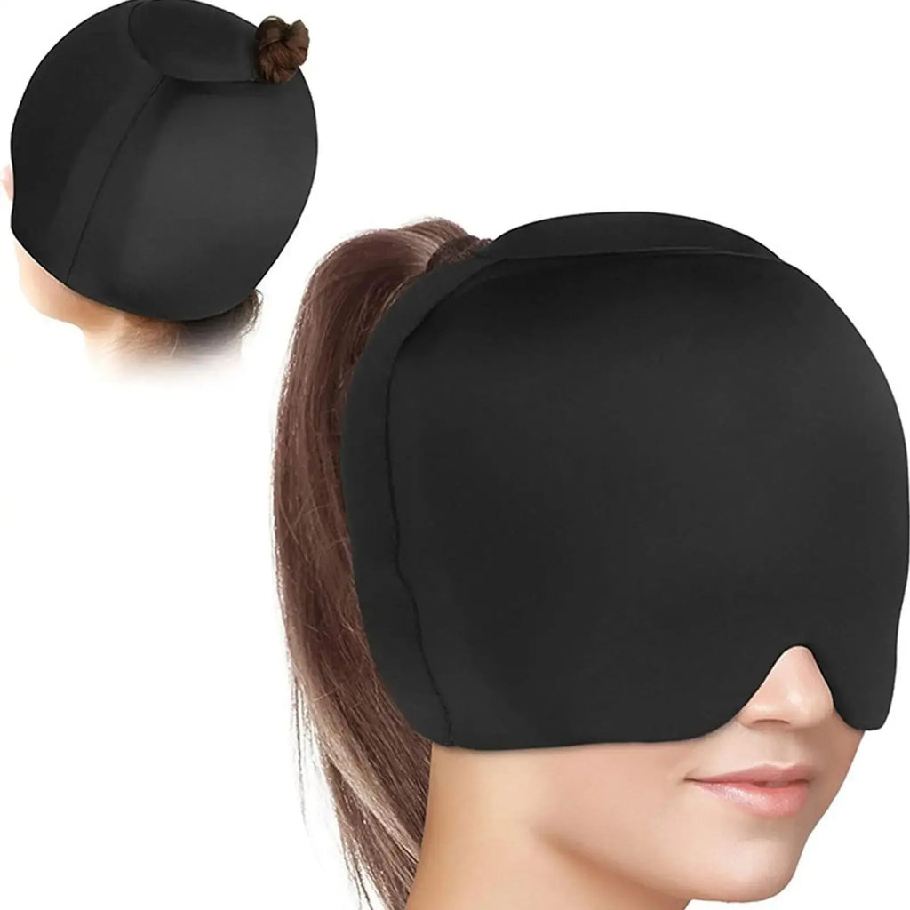 Solid colour cold compress cap in black, fully enclosed design for headache relief.