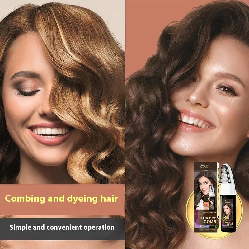 Hair dye kit showing Brown, Wine Red and Dark Brown 200ml bottles with comb applicator