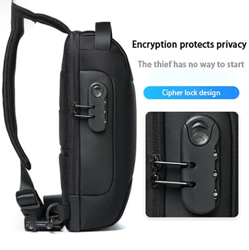 Black waterproof Oxford cloth crossbody bag with a shoulder strap, showing a USB port and multiple compartments.