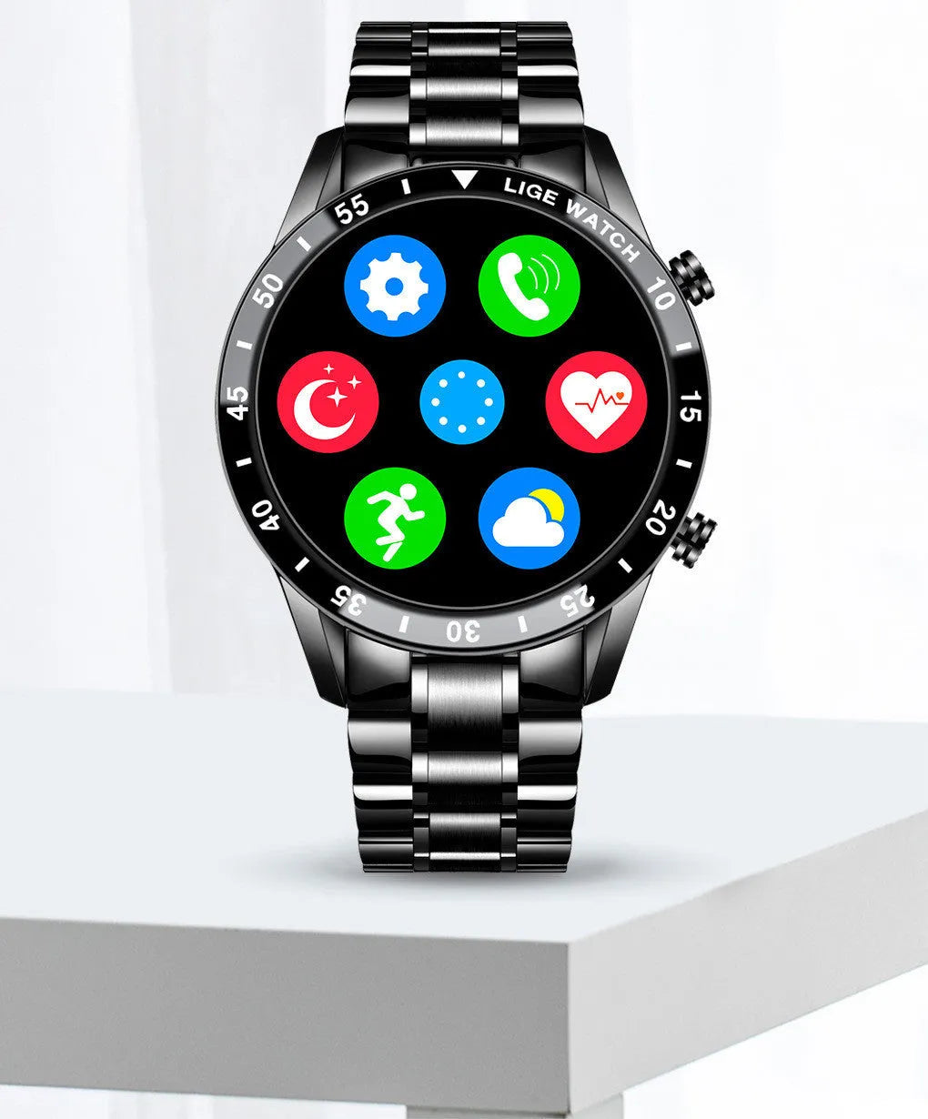 Smart watch with stainless steel band and 1.3 inch touch screen showing activity tracking display