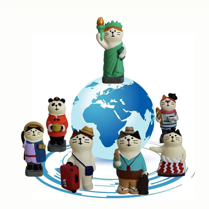Cartoon-style Statue of Liberty cat resin figurine on display