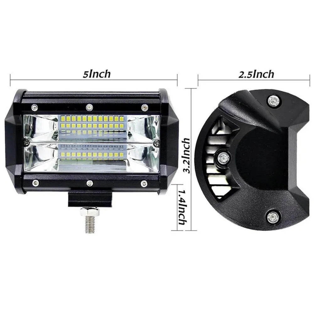 5-inch black die-cast aluminium LED work light with dual-row LEDs and bracket for off-road vehicle mounting.