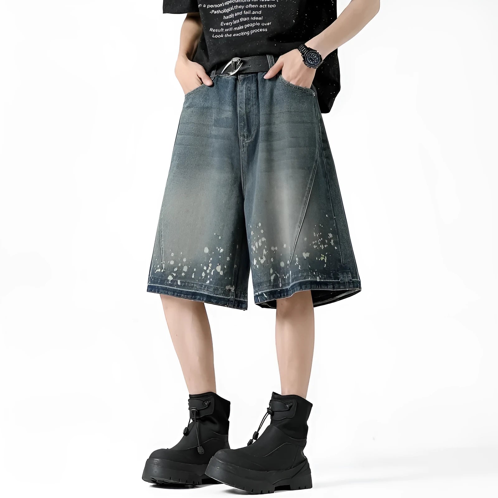 Men's retro blue denim shorts with washed finish and ripped knee detailing, straight leg cut