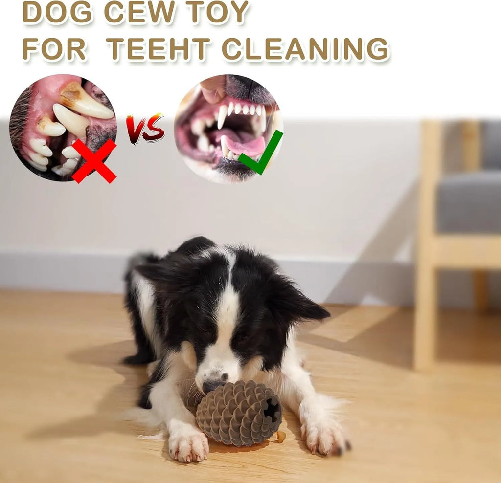 Yellow pine cone shaped tough rubber dog toy with treat dispenser for large dogs.