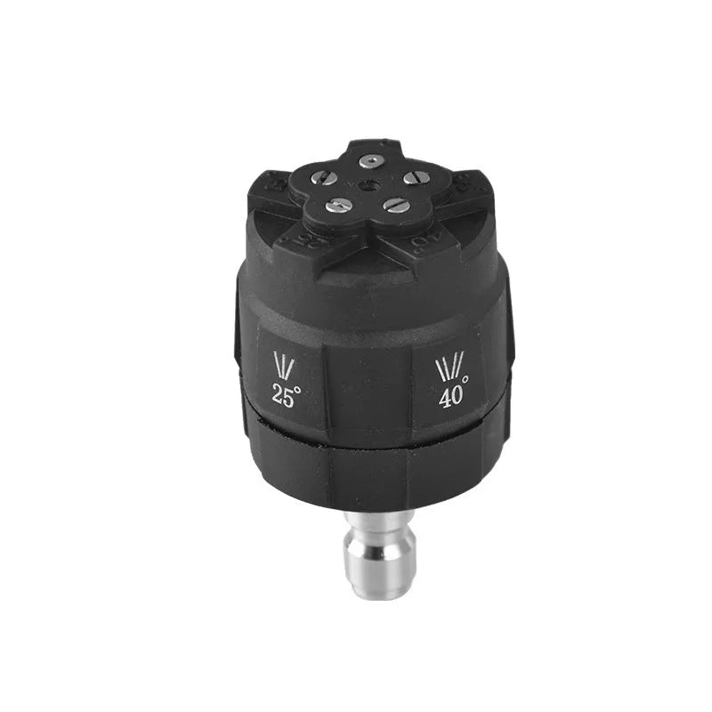 Multi-functional five-pattern high-pressure water gun spray nozzle made from black engineering plastic.