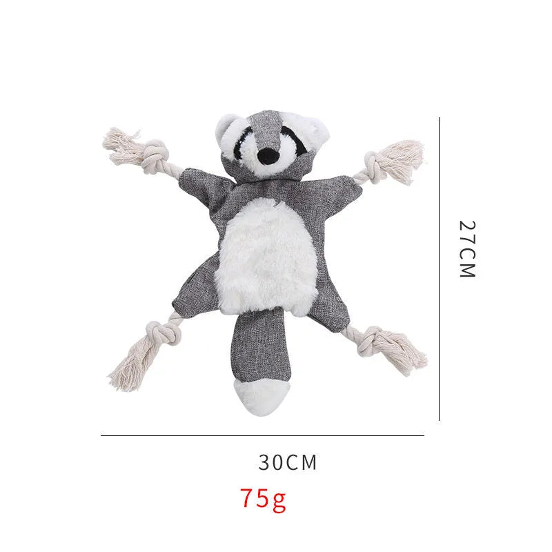 Brown fox dog toy with squeaker, crinkle paper, and cotton rope through limbs