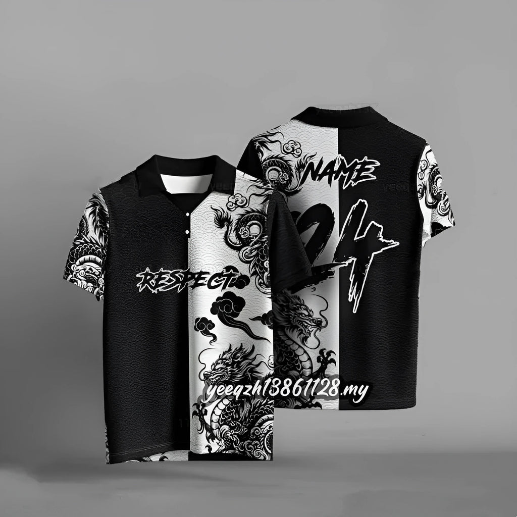 Black loose fit casual T-shirt with 3D digital printed design on short sleeves.