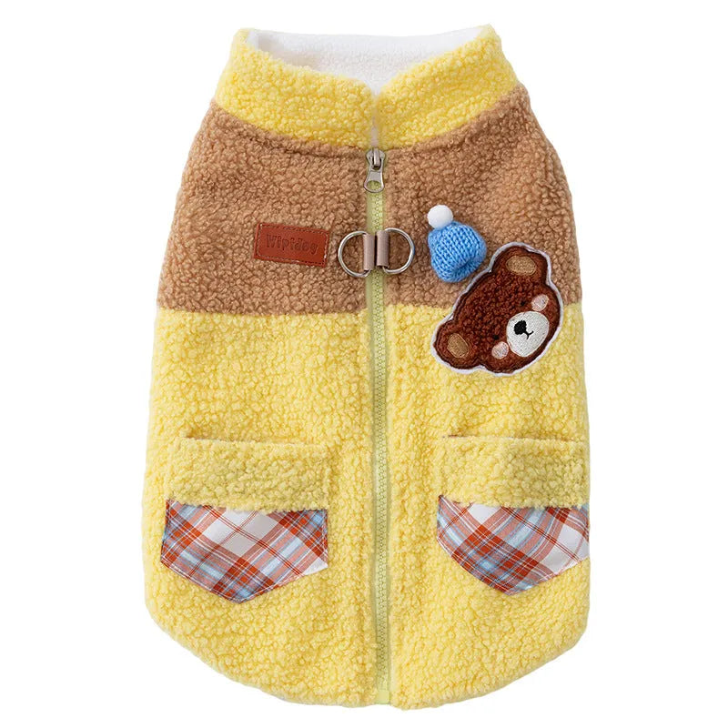 Cute bear embroidered pet fleece jacket with plaid pockets and leash ring for small dogs in yellow