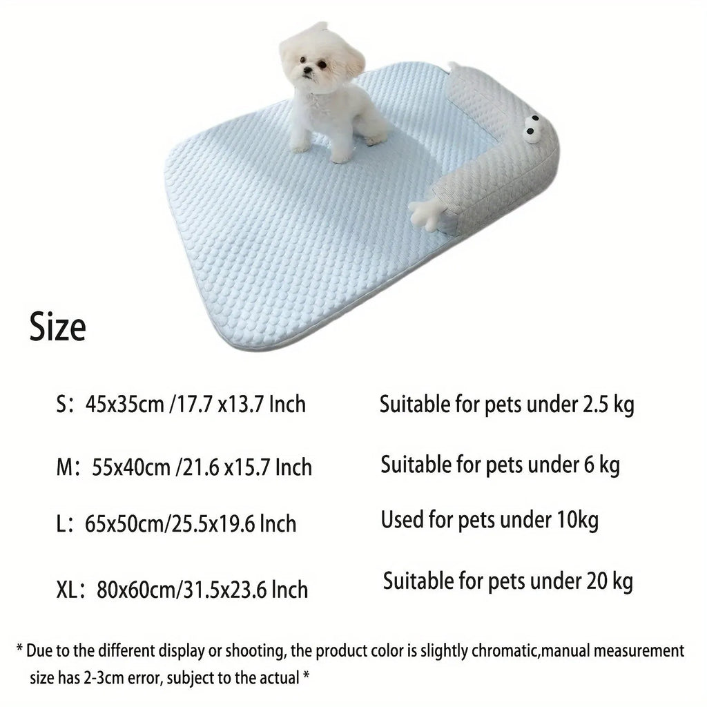 Blue big-eyed monster design pet bed cushion for dogs on a wooden floor.