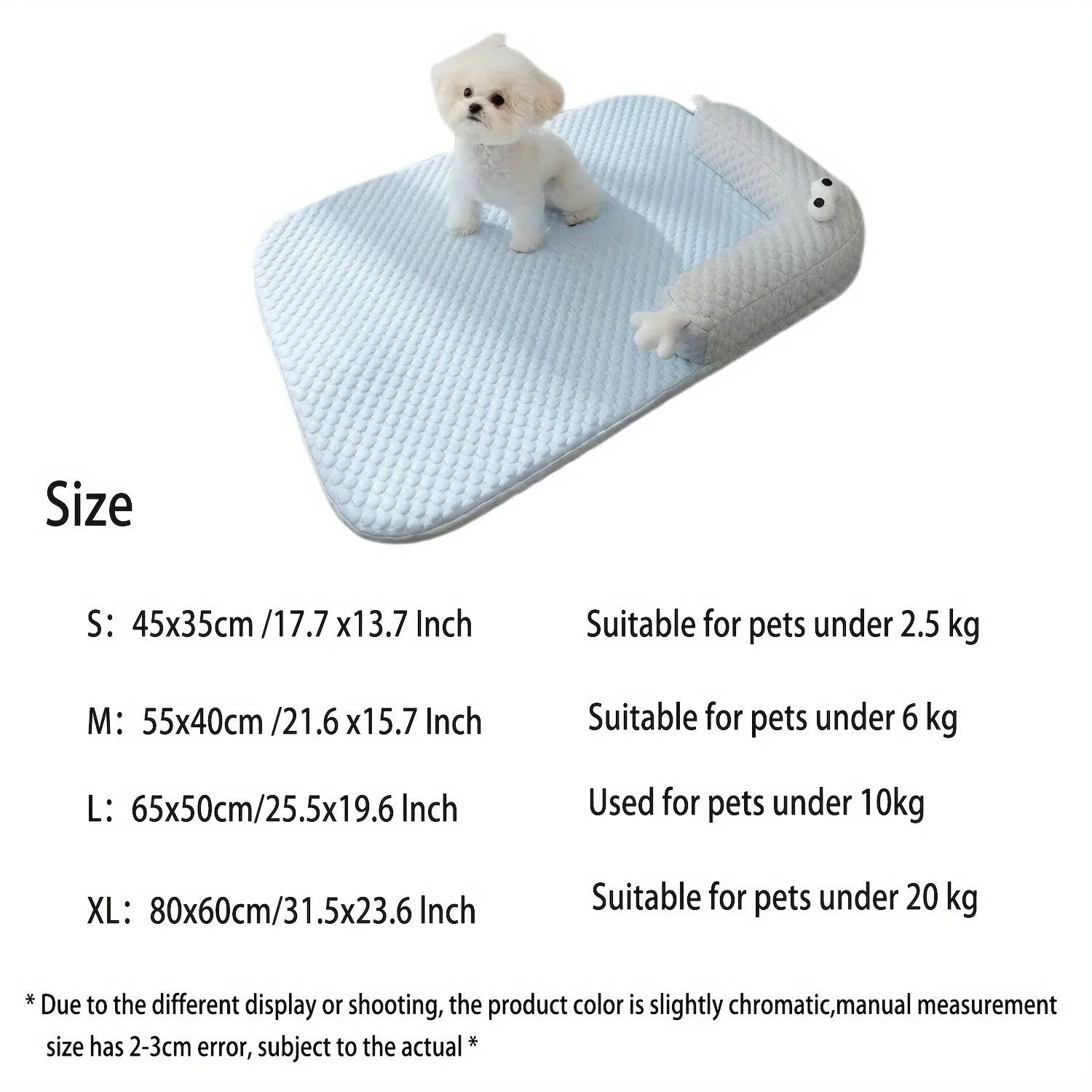 Blue big-eyed monster design pet bed cushion for dogs on a wooden floor.