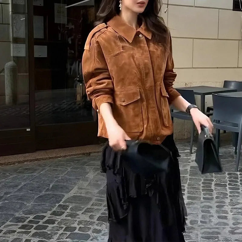 Women's brown suede-effect polyester coat with regular sleeves on a hanger