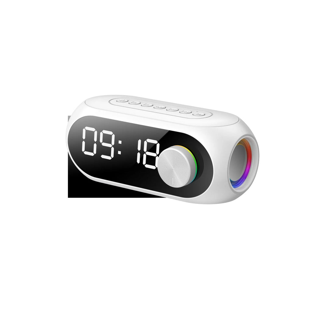 Compact portable Bluetooth speaker in black, white, or blue with USB charging cable.