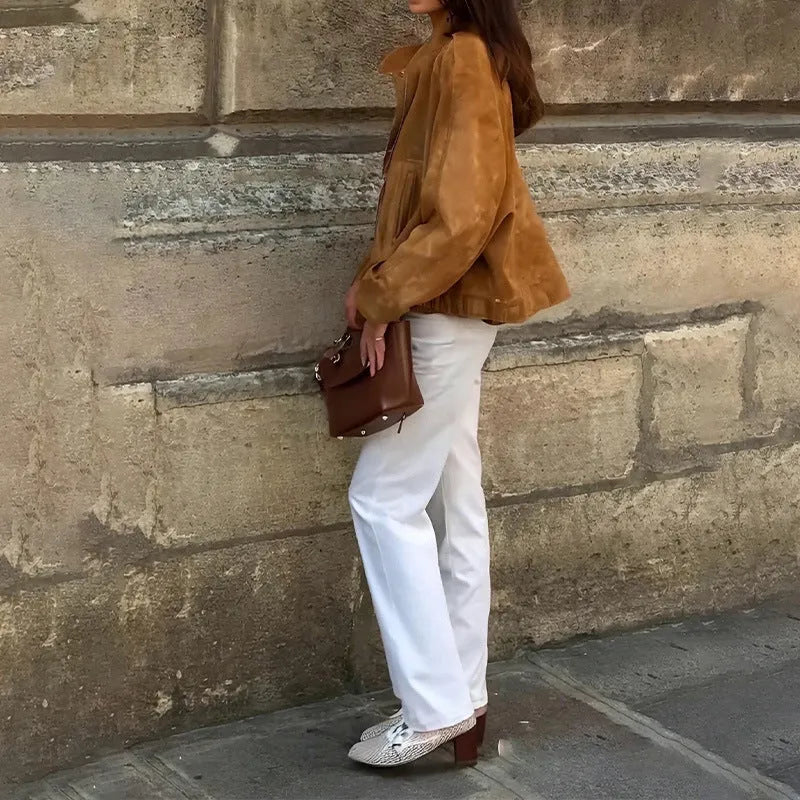 Retro solid colour polyester jacket with loose fit and long sleeves