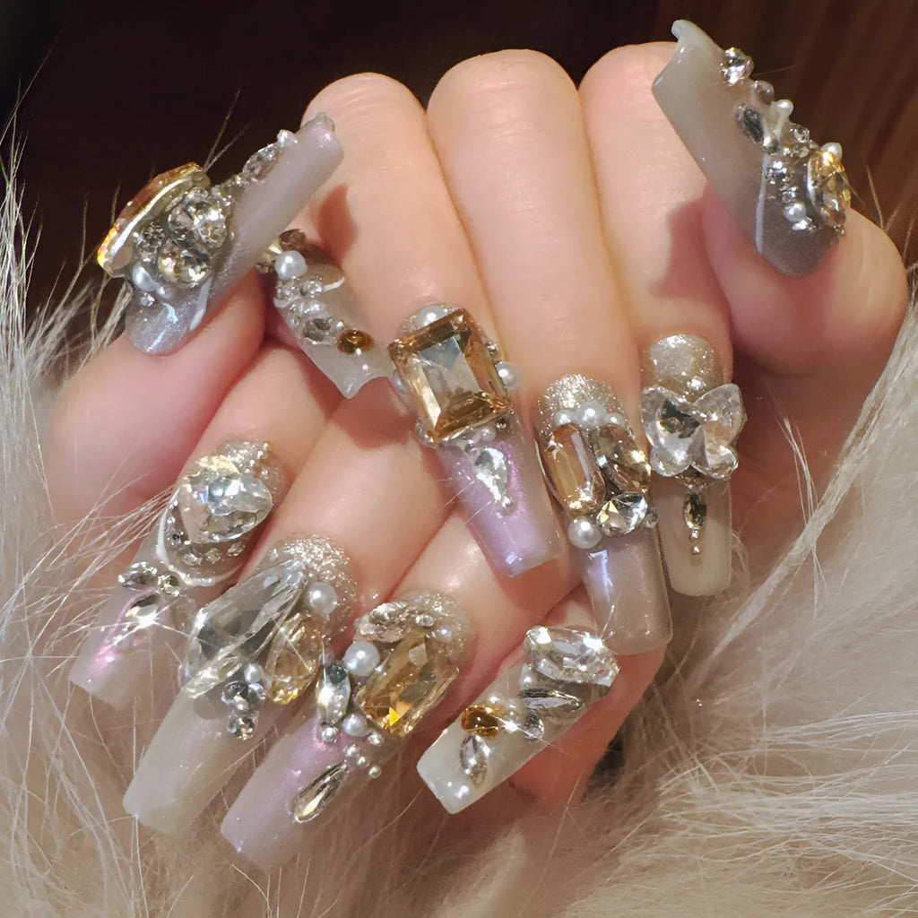 Pack of flash style false nail patches with luxury rhinestones on a card, showing jelly adhesive and tool set options.