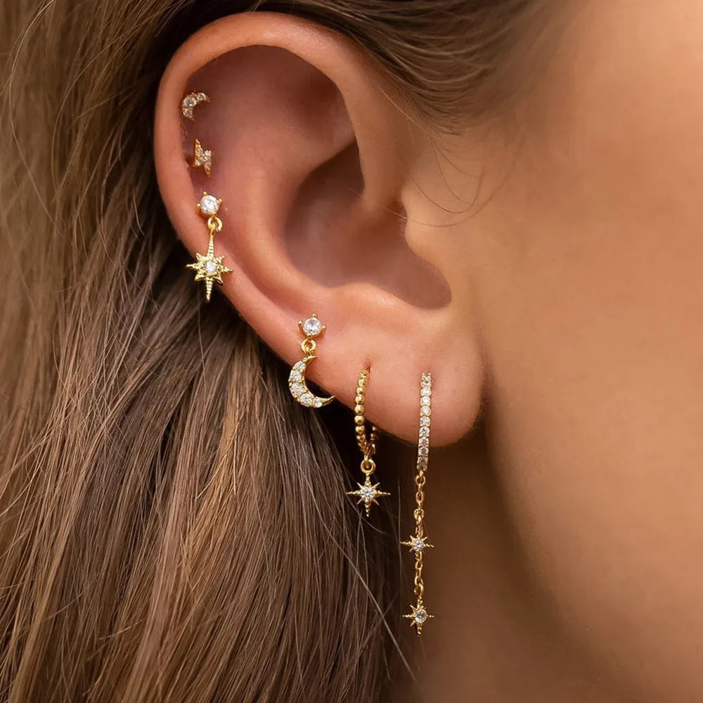 XINGX set of six gold chain tassel earrings with zircon studs for women