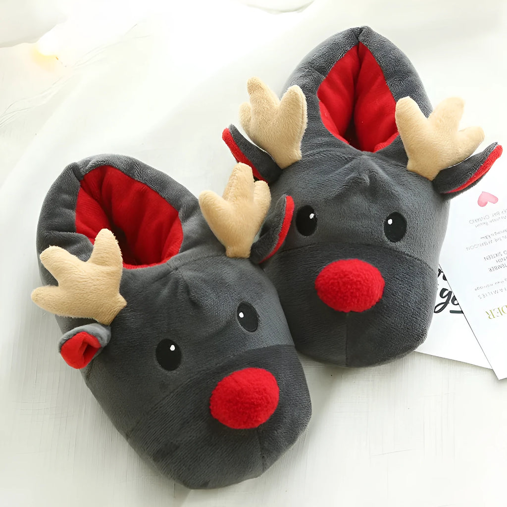 Grey Christmas elk fleece slippers for men and women, sizes 36-41, with point bottom sole