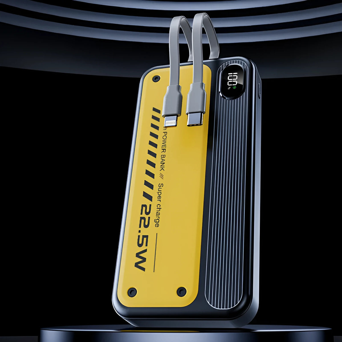 225W fast charge portable power bank with cable, 20000mAh, black plastic shell, multi-USB output