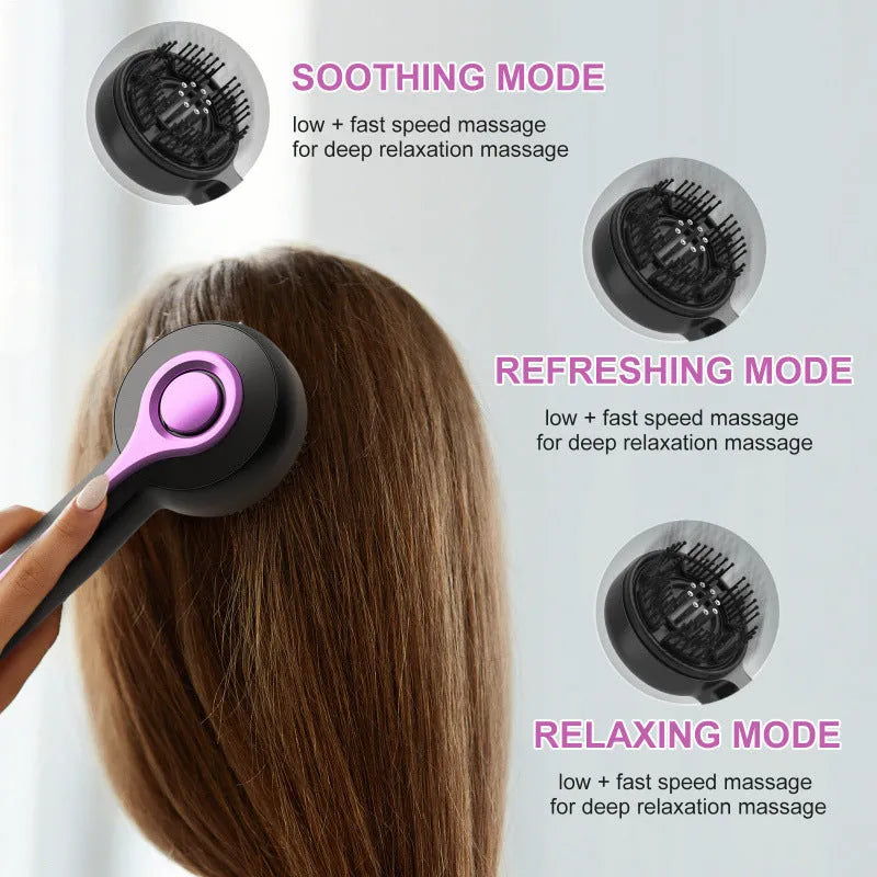 Black USB-powered head massage comb with vibration settings on a grey background.