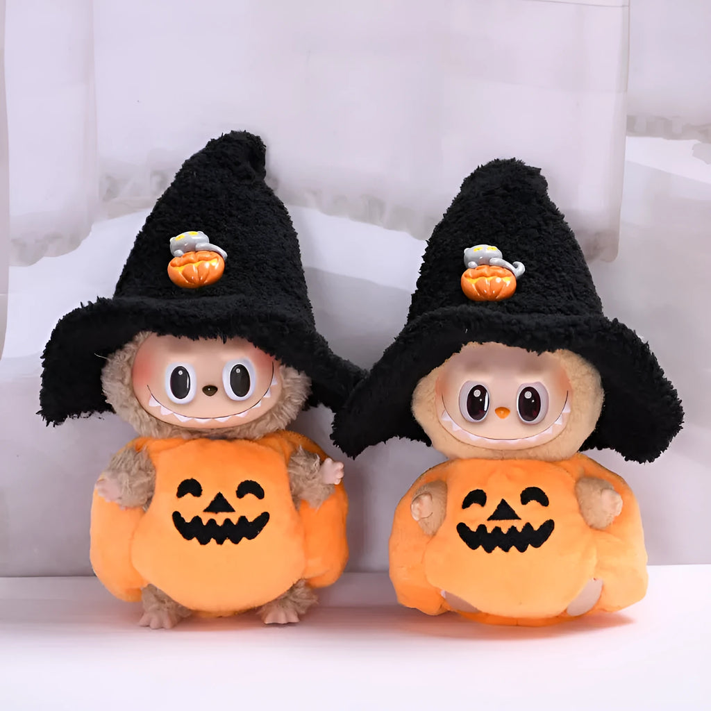 Halloween pumpkin doll clothes with black hat, plush doll outfit and hat set for doll or hanging ornament use