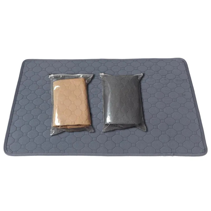 Pet Parents washable dog pee pad in a neutral grey colour, shown folded and unfolded.
