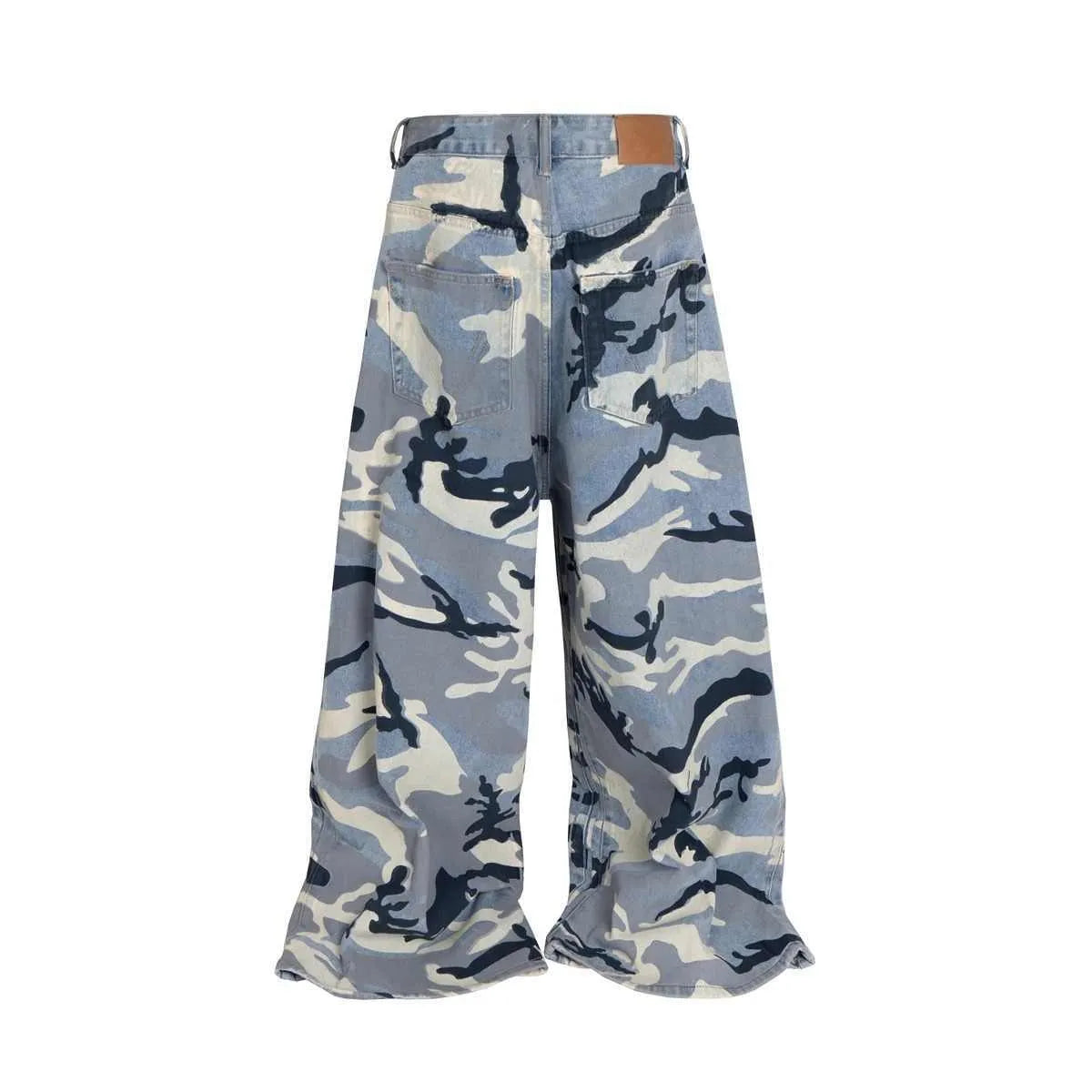 Man and woman wearing loose-fit snow camouflage blue jeans made from stretch cotton denim.