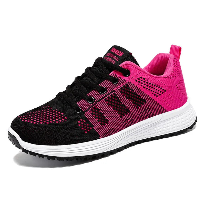 Women's flyknit running shoes in rose red with soft flat sole and round toe
