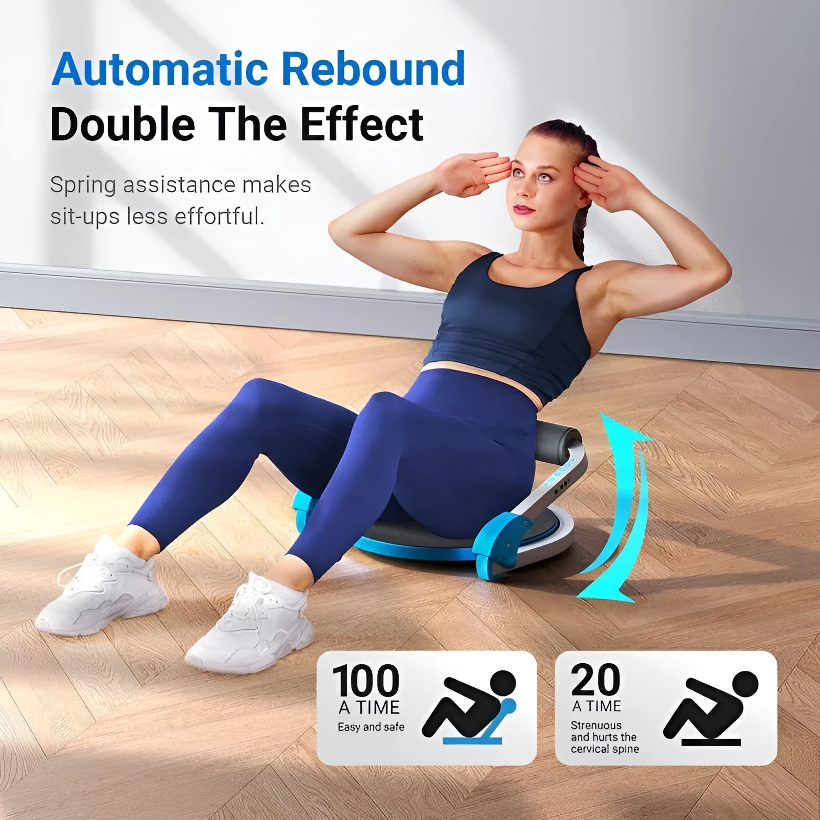 Sky blue and red coloured mini multifunctional abdominal exercise device for home, office, and outdoor use.