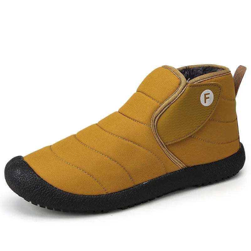 Men's black thick cotton snow boots with a low heel and non-slip rubber sole.