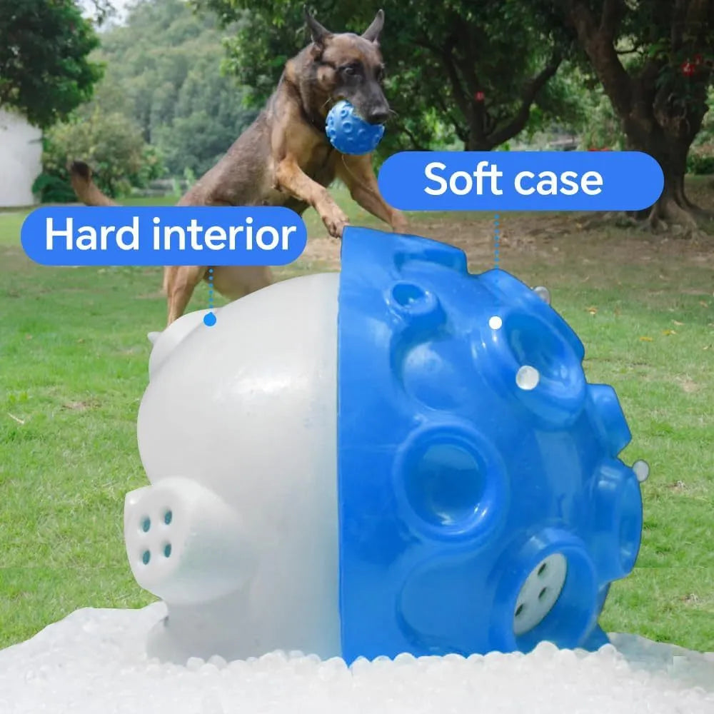 Durable elastic rubber dog toy ball in assorted colours with a textured surface for teeth cleaning.