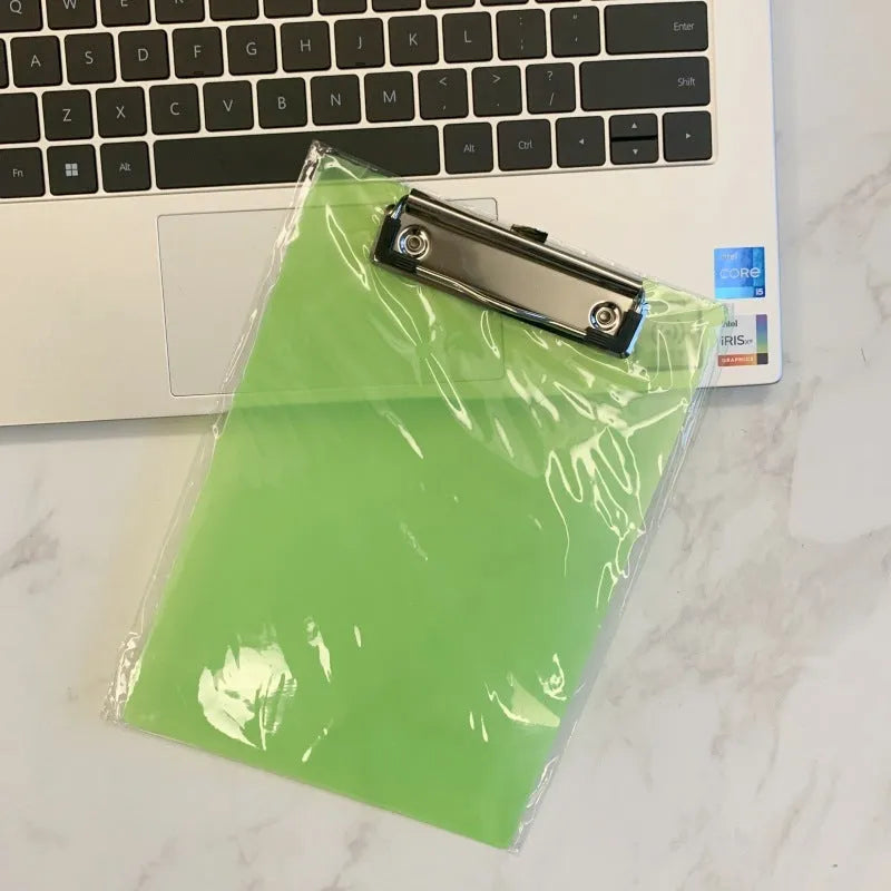 A4 transparent writing board pad with metal clip showing document display and writing surface