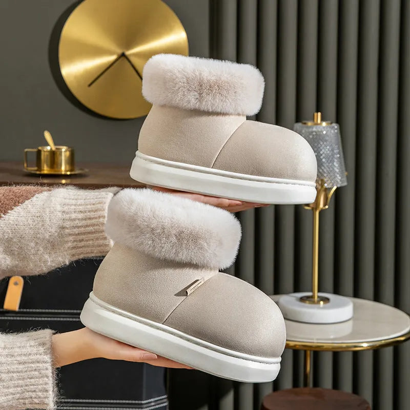 Women winter thick-soled cotton snow boots with plush upper and EVA sole in Beige