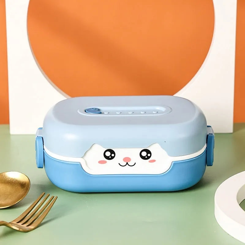 Square plastic divided lunch box with microwave-safe construction in dark blue, orange yellow or pink and green colours