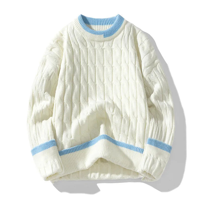 Men's loose fit grey acrylic and modal pullover sweater with long sleeves on a hanger.