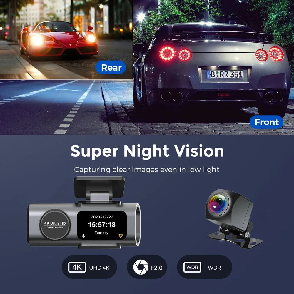 4K WiFi night vision dash cam with 1.3-inch screen and push-button controls for car parking surveillance