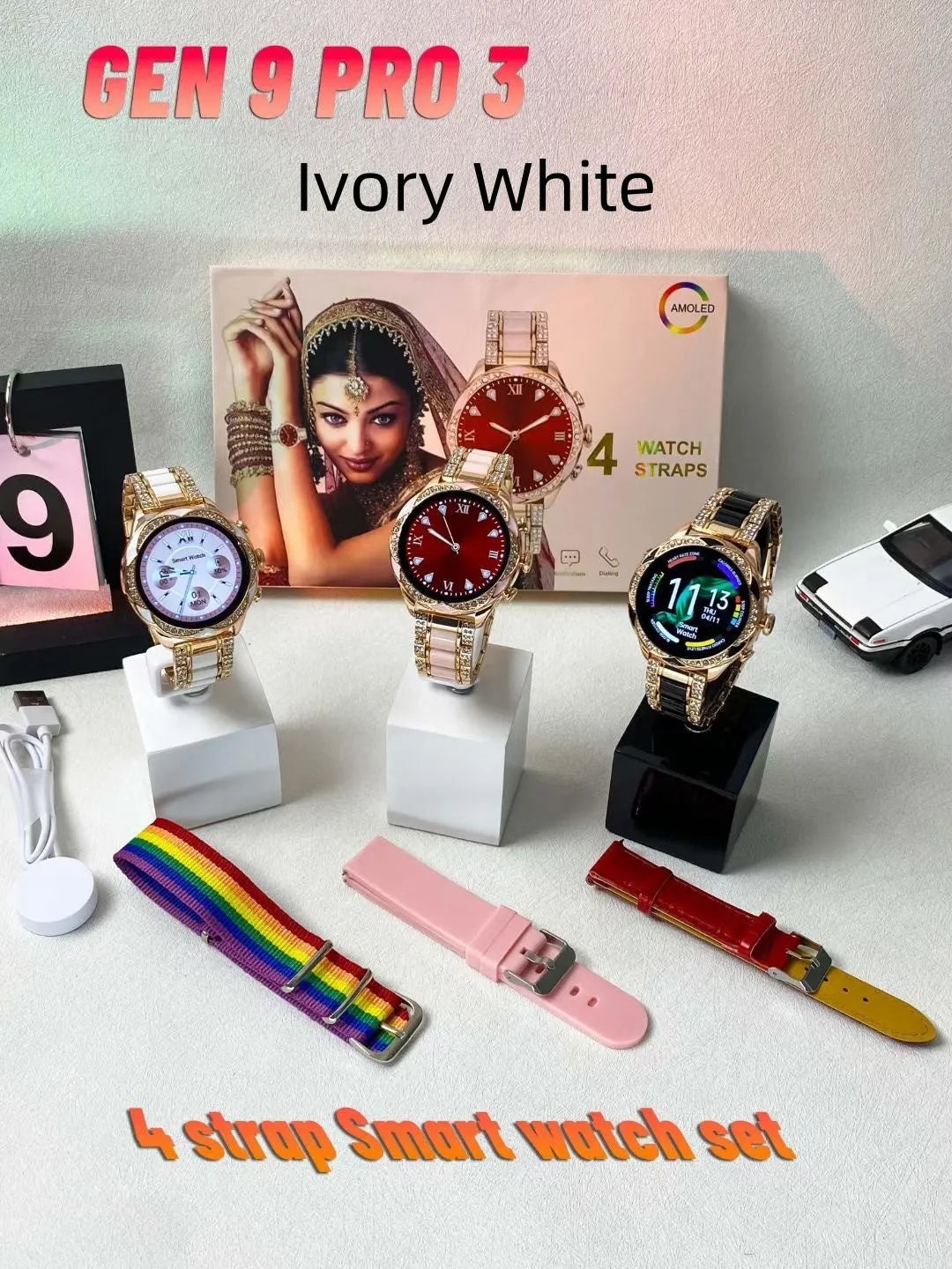 Ladies smartwatch with heart rate and blood pressure monitor, black colour, with four interchangeable watchband options
