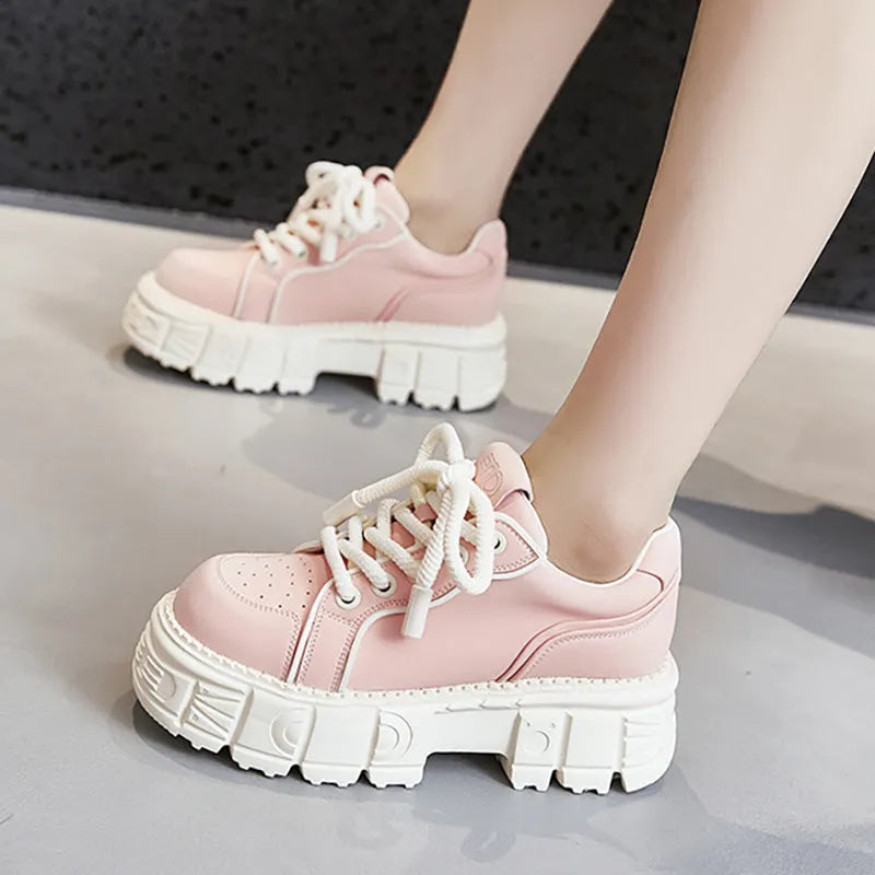 Women's beige leather casual shoes with spring muffin bottom height-increasing design