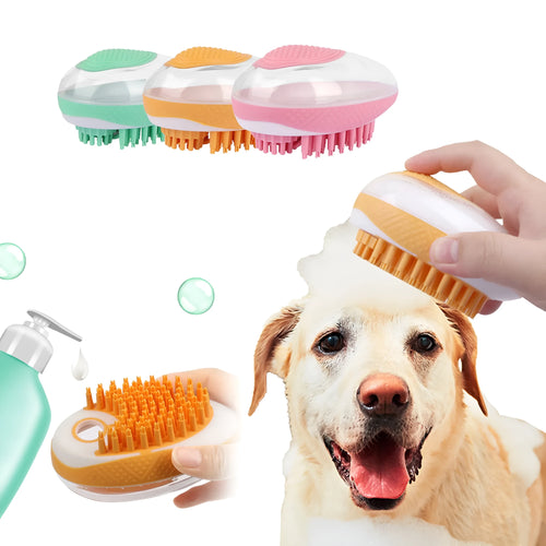 2-in-1 dog cat bath brush with soft silicone bristles and non-slip grip in pink