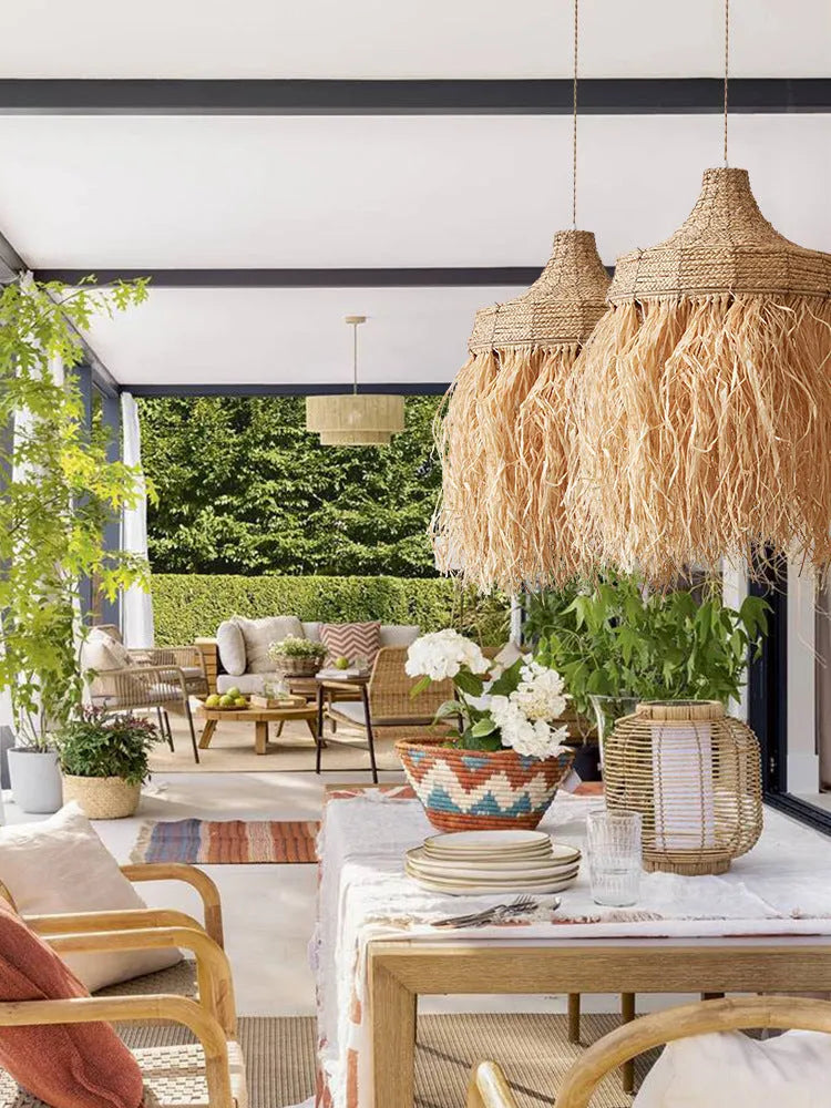 Retro restaurant chandelier with woven wild vetch and willow shade measuring 50cm diameter