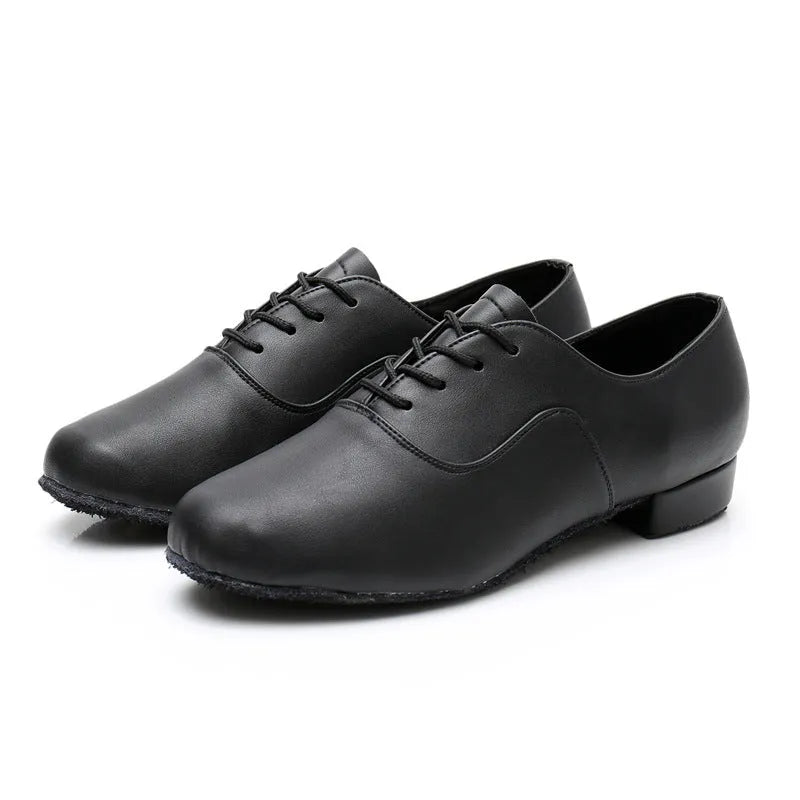 Men's black indoor dance shoes with a synthetic leather upper and calf leather sole.