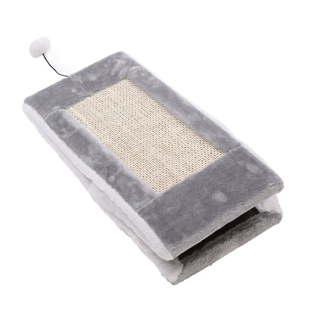 Triangle-shaped grey and white cat bed with integrated sisal scratching surface.