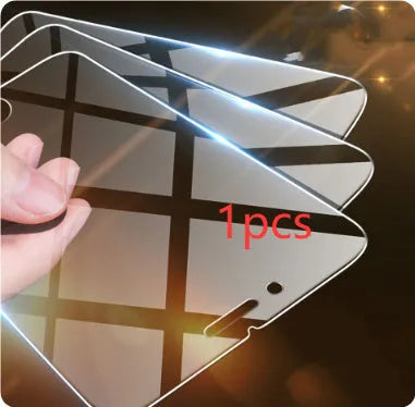 Transparent tempered glass screen protector for iPhone on a white background.