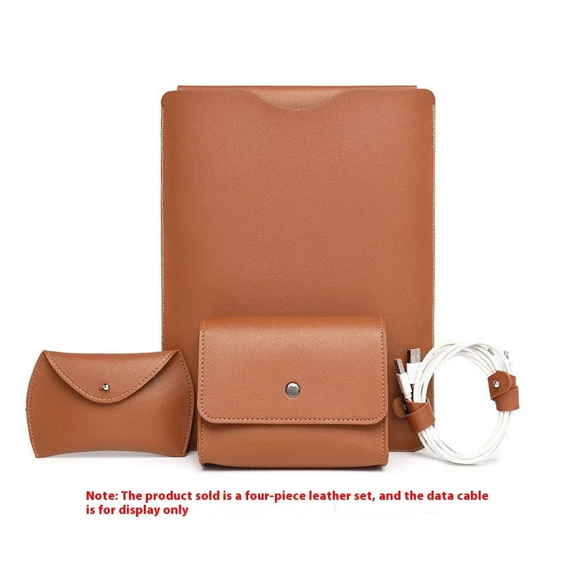 Set of four imitation leather protective covers for laptop edges in brown, gray, apricot, and light pink colours
