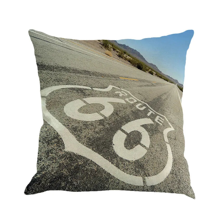 Route 66 American highway landscape print on a 45x45cm linen blend square pillow cover.